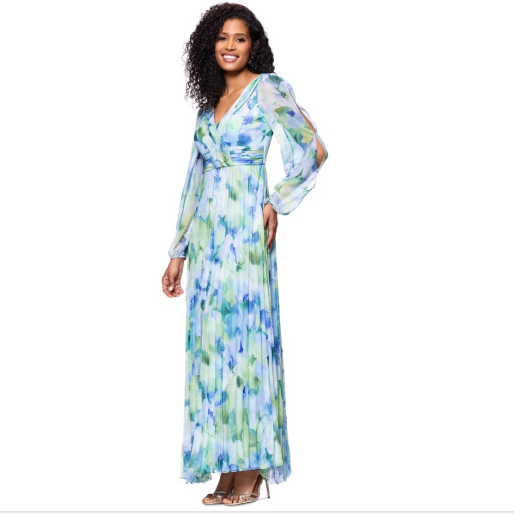 Betsy & Adam Women's Blue Floral-Print Pleated Gown Dress SZ:12 - Picture 3 of 5